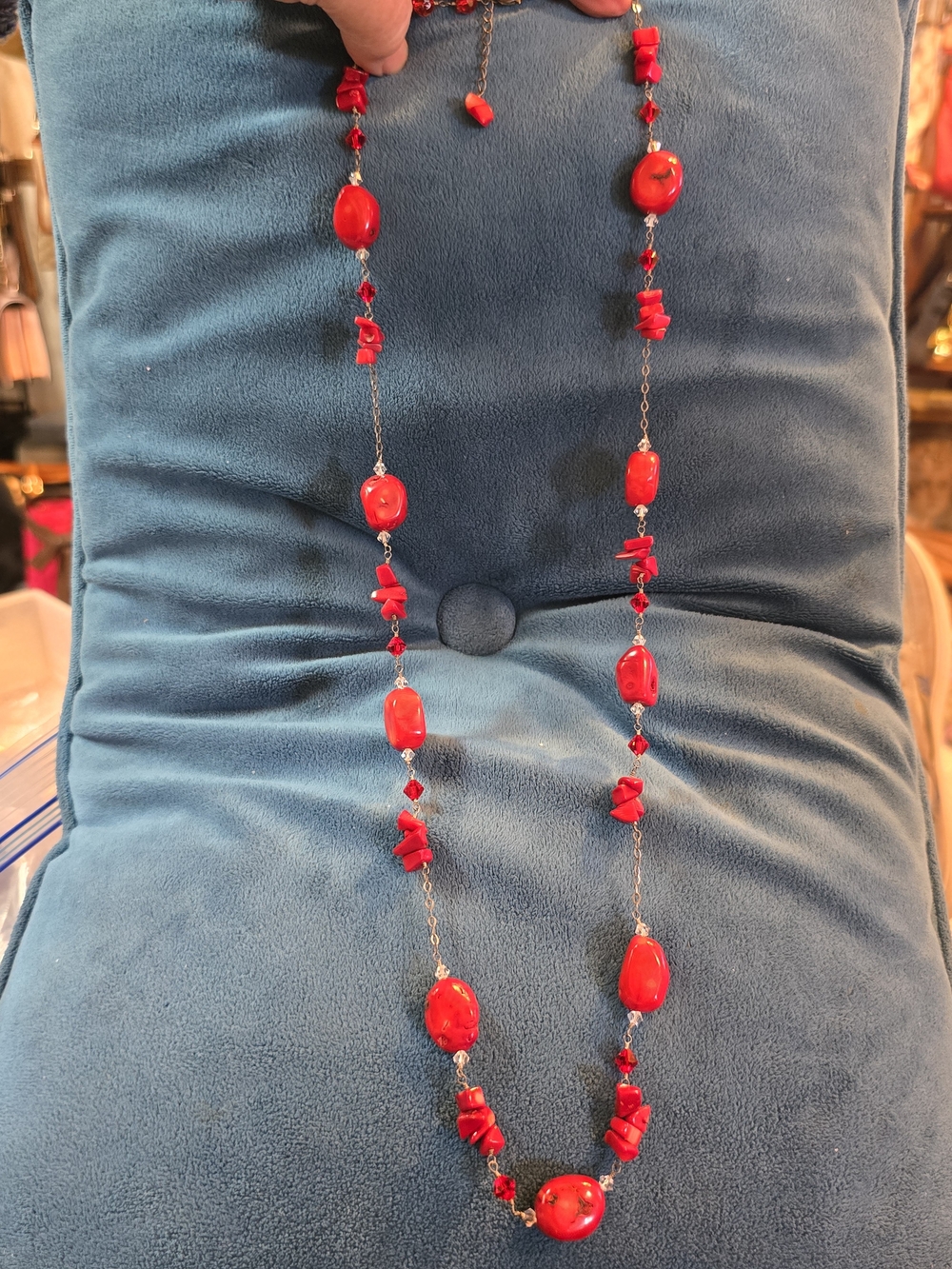 Red Coral & Red & Clear Crystal Beaded Long Necklace 30" Total- Women Jewelry